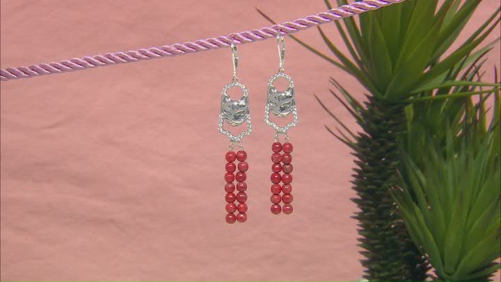 Red Sponge Coral With White Zircon Sterling Silver Cat Earrings 0.85ctw Video Thumbnail
