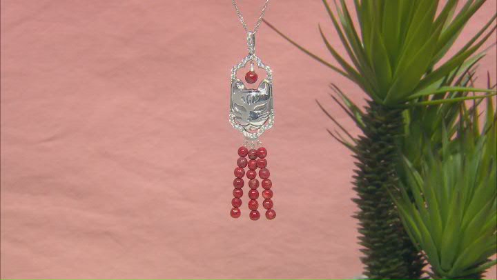 Red Sponge Coral With White Zircon Sterling Silver Cat Pendant With Chain 0.93ctw Video Thumbnail