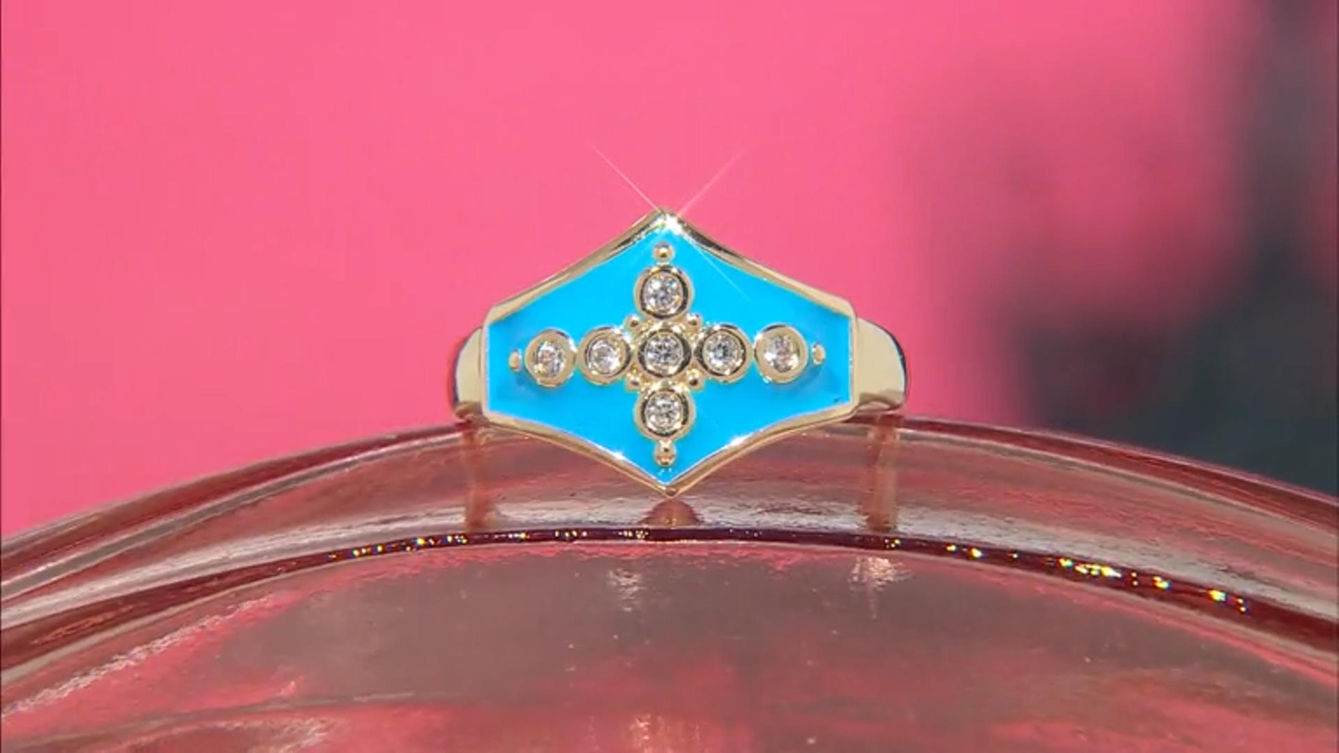 White Zircon and Blue Enamel 18K Yellow Gold Over Brass Ring 0.14ctw Video Thumbnail