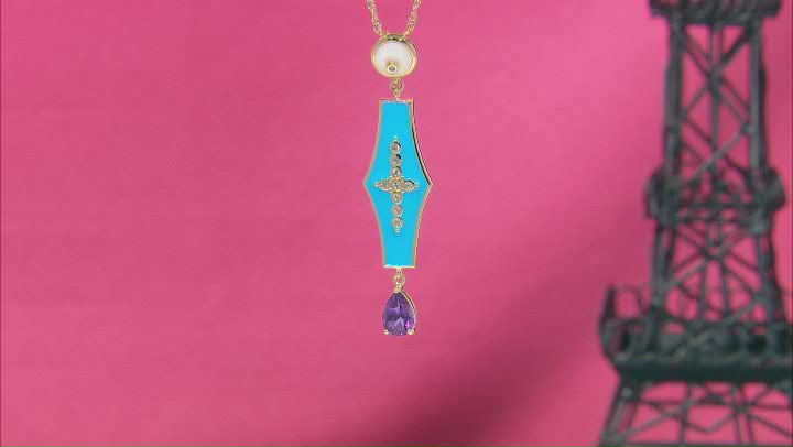 Multi Gemstone with Blue Enamel 18k Yellow Gold Over Brass Pendant With Chain Video Thumbnail