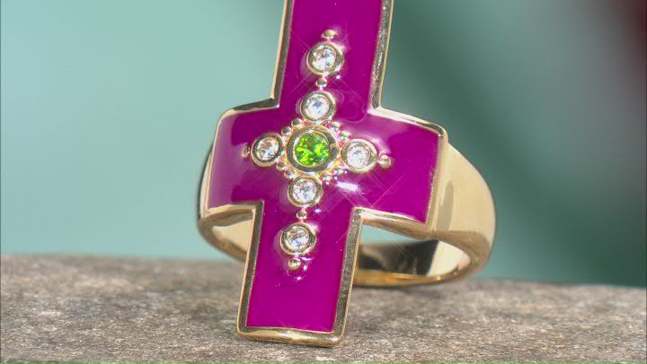 Purple Enamel, Chrome Diopside & White Zircon With 18K Yellow Gold Over Brass Ring Video Thumbnail