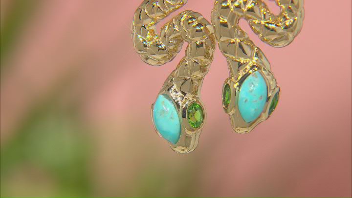 Blue Turquoise and Chrome Diopside 18k Yellow Gold Over Sterling Silver Snake Earrings 0.65ctw Video Thumbnail