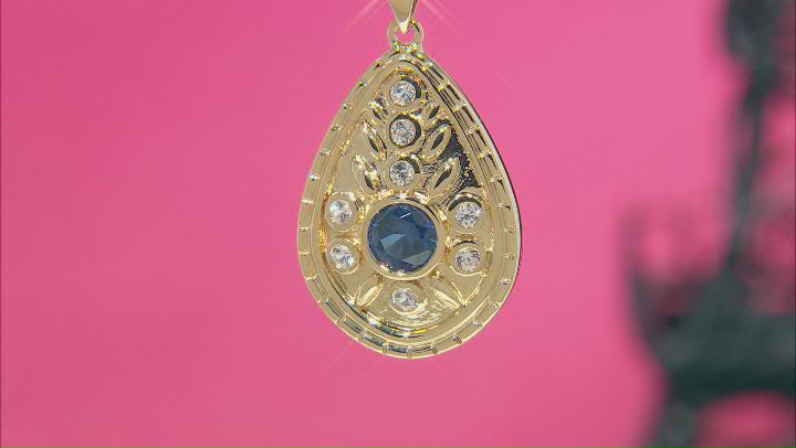 Blue Lab Sapphire & White Lab Sapphire 18k Yellow Gold Over Brass Pendant with Chain 2.83ctw Video Thumbnail