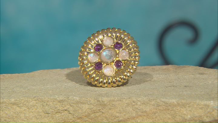Rainbow Moonstone And African Amethyst 18k Yellow Gold Over Brass Ring Video Thumbnail