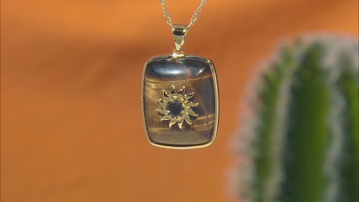 Tigers Eye and Smoky Quartz 18k Yellow Gold Over Brass Pendant with Chain 0.39ctw Video Thumbnail