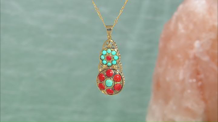 Red Sponge Coral and Blue Composite Turquoise 18k Gold Over Brass Pendant Video Thumbnail