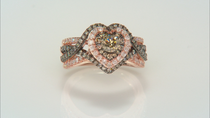 Champagne And White Diamond 10K Rose Gold Heart Cluster Ring 1.25ctw Video Thumbnail