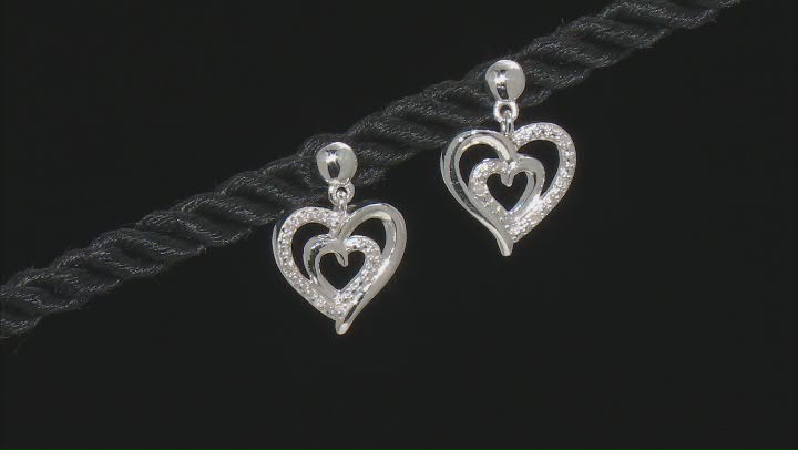 White Diamond Accent Rhodium Over Sterling Silver Heart Dangle Earrings Video Thumbnail