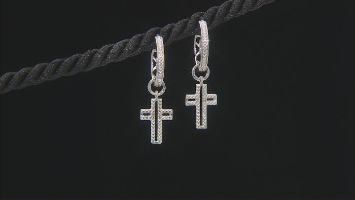 White Diamond Accent Rhodium Over Sterling Silver Cross Charm Hoop Earrings Video Thumbnail
