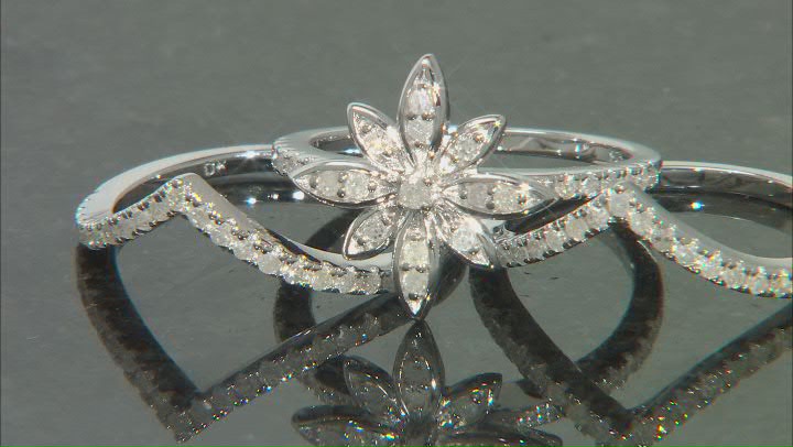White Diamond Rhodium Over Sterling Silver Stackable Floral Ring Set 0.65ctw Video Thumbnail