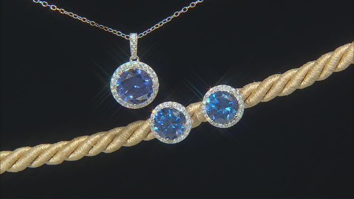 Blue And White Cubic Zirconia Platineve Earrings And Pendant With Chain Set 7.82ctw Video Thumbnail