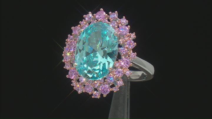 Blue And Pink Cubic Zirconia Platineve Ring 9.82ctw Video Thumbnail