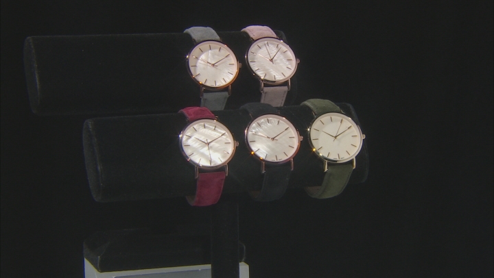 Gold Tone And Rose Tone Multi Color Suede Fabric Band Watches. Set of 5