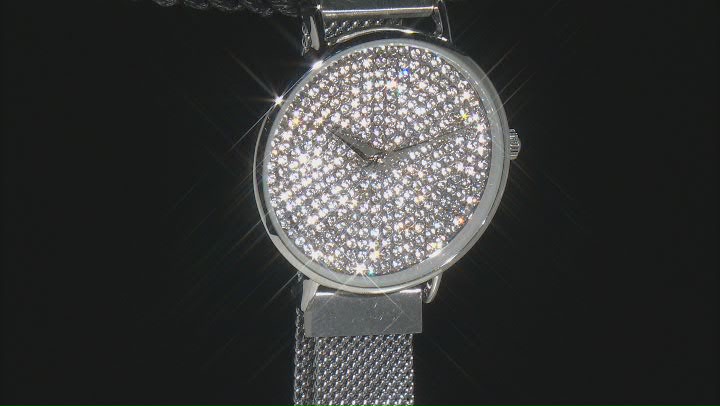 Ladies Silver Tone Stainless Steel Mesh Band With Magnetic Clasp & Crystal Watch