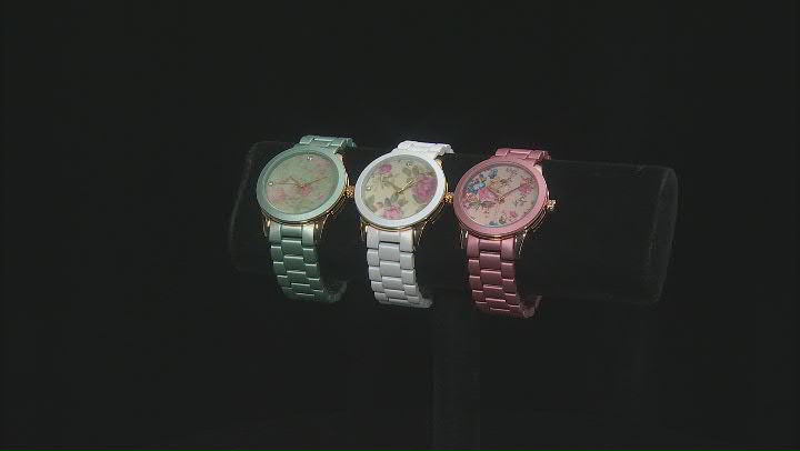 Picard & Cie Ladies Pink Aluminum Coated Watch With Floral Dial & White Crystal Video Thumbnail