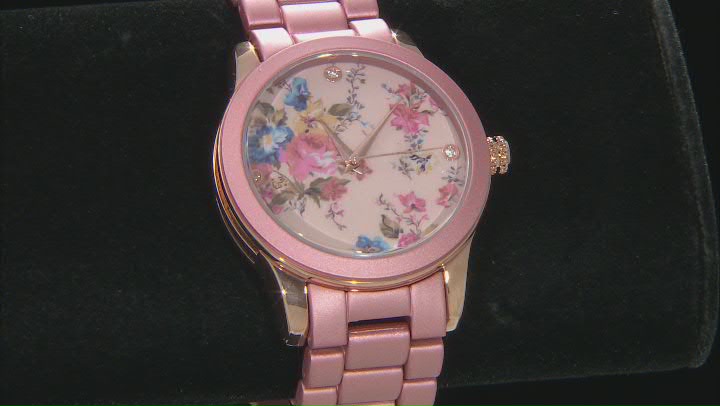 Picard & Cie Ladies Pink Aluminum Coated Watch With Floral Dial & White Crystal