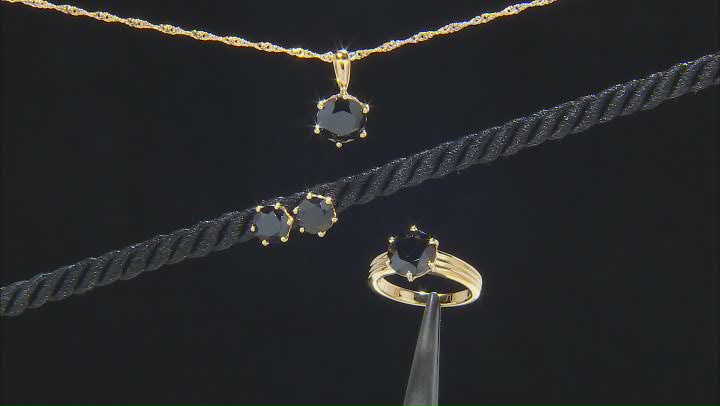 Black Spinel 18k Yellow Gold Over Sterling Silver Ring, Earrings, And Pendant With Chain Set Video Thumbnail