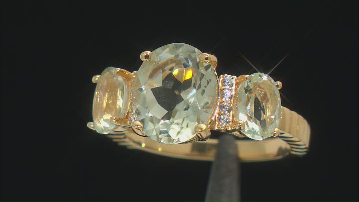 Green Prasiolite 18k Yellow Gold Over Sterling Silver 3-Stone Ring 4.25ctw Video Thumbnail