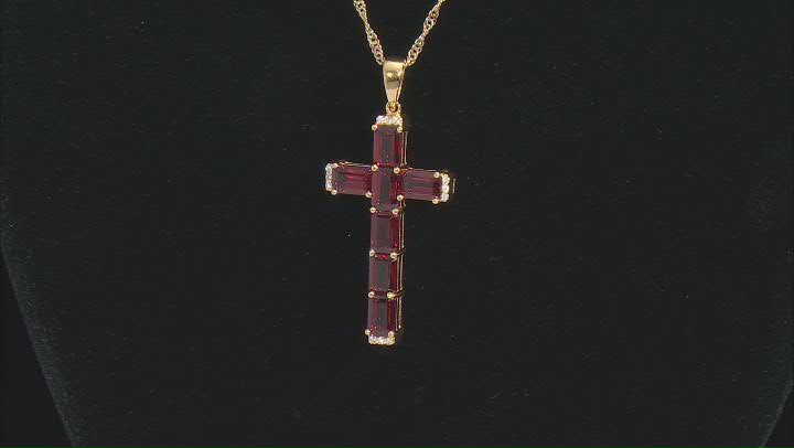 Red Garnet 18k Yellow Gold Over Sterling Silver Cross Pendant with Chain 4.24ctw Video Thumbnail