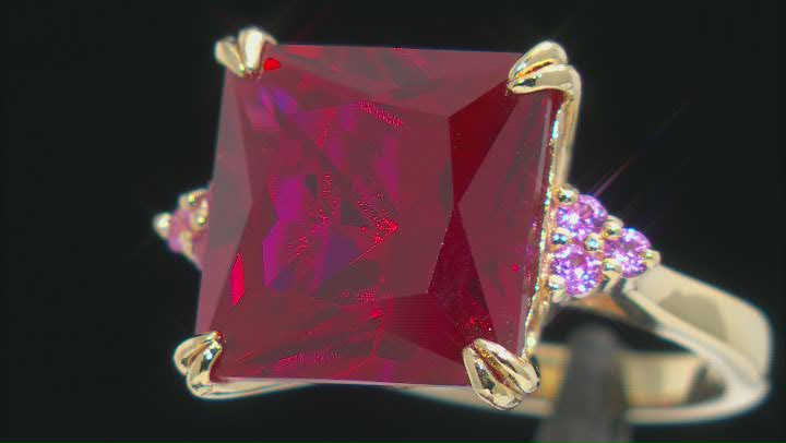 Red Lab Created Ruby 18k Yellow Gold Over Sterling Silver Ring 12.85ctw Video Thumbnail