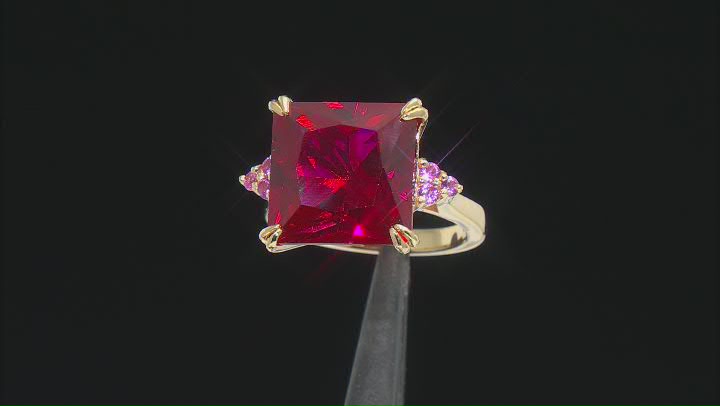 Red Lab Created Ruby 18k Yellow Gold Over Sterling Silver Ring 12.85ctw Video Thumbnail