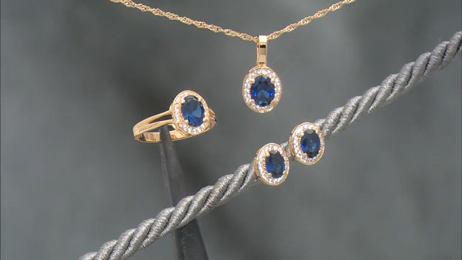 Blue Lab Created Sapphire 18k Yellow Gold Over Sterling Silver Jewelry Set 5.03ctw Video Thumbnail