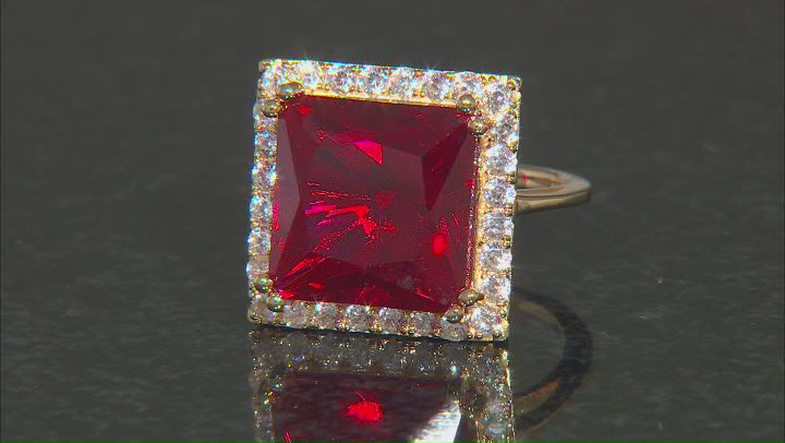 Red Lab Created Ruby with White Zircon 18k Yellow Gold Over Sterling Silver Ring 14.21ctw Video Thumbnail
