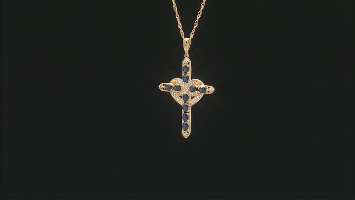 Blue Lab Created Sapphire With White Topaz 18k Yellow Over Silver Cross Pendant Chain 1.42ctw Video Thumbnail