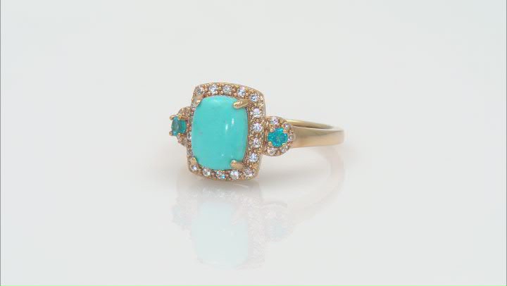 Sleeping Beauty Turquoise, Neon Apatite, White Zircon 18k Yellow Gold Over Silver Ring 0.28ctw Video Thumbnail