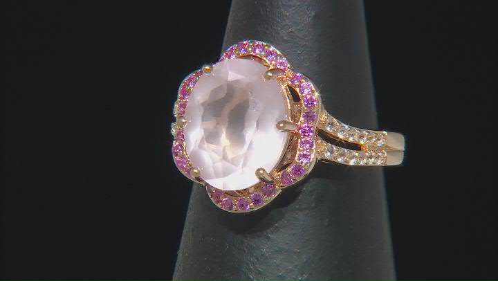 Rose Quartz with Pink and White Lab Sapphire 18k Rose Gold over Sterling Silver Ring 3.97ctw Video Thumbnail