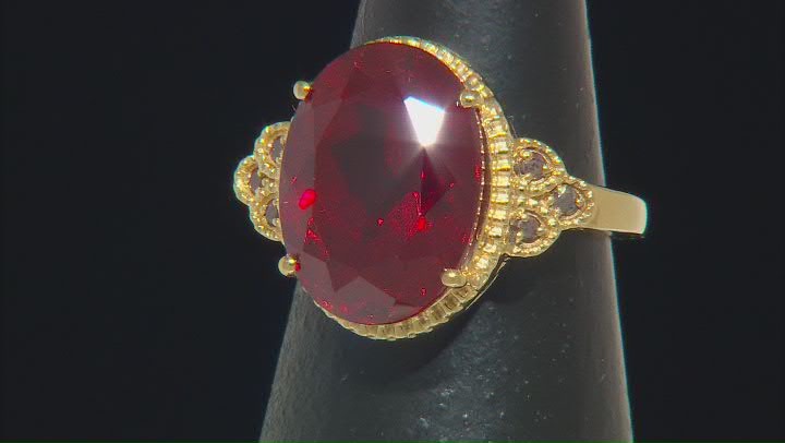 Lab Created Ruby with Red Diamond 18k Yellow Gold over Sterling Silver Ring 10.90ctw Video Thumbnail