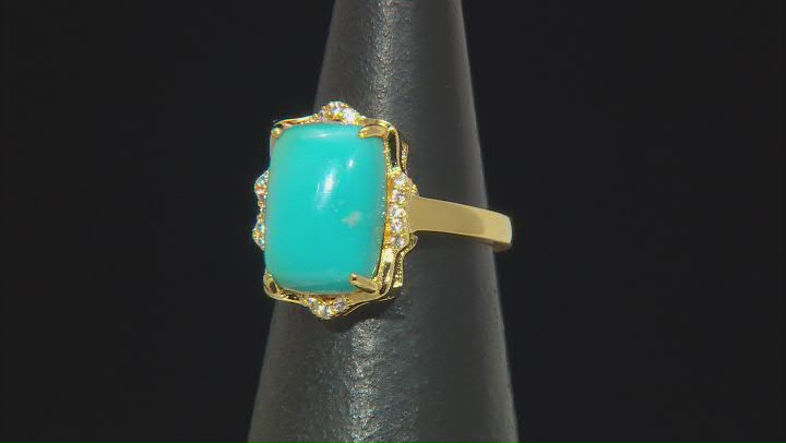 Blue Kingman Turquoise With White Zircon 18k Yellow Gold Over Sterling Silver Ring 0.11ctw Video Thumbnail