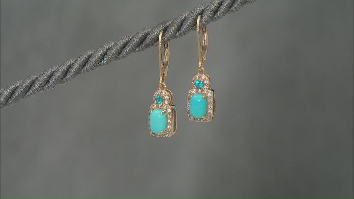Blue Sleeping Beauty Turquoise, Neon Apatite & Zircon 18k Yellow Gold Over Silver Earrings 0.08ctw Video Thumbnail
