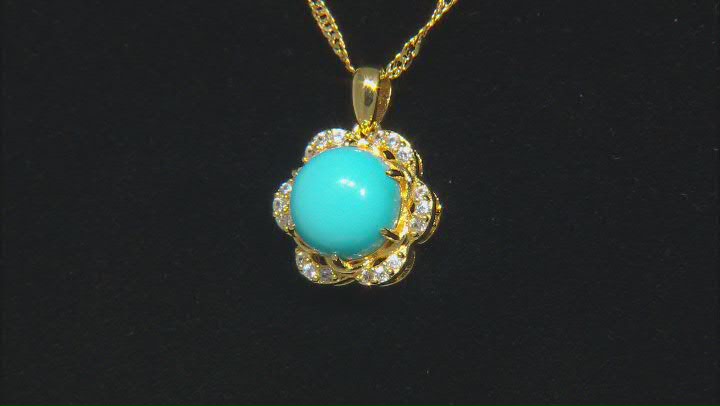 Blue Sleeping Beauty Turquoise & White Zircon 18k Yellow Gold Over Silver Pendant with Chain 0.15ctw Video Thumbnail