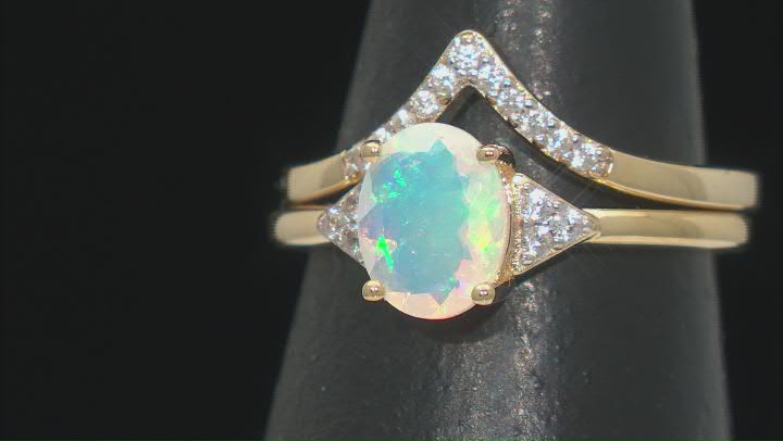 Ethiopian Opal With White Zircon 18k Yellow Gold Over Sterling Silver Ring Set Of Two 1.27ctw Video Thumbnail