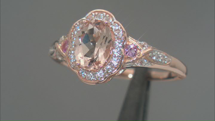 Peach Morganite With Pink Sapphire & White Zircon 18k Rose Gold Over Sterling Silver Ring 1.08ctw Video Thumbnail