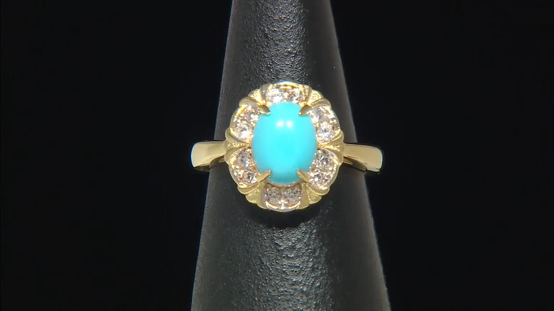 Blue Sleeping Beauty Turquoise With White Zircon 18k Yellow Gold Over Sterling Silver Ring Video Thumbnail