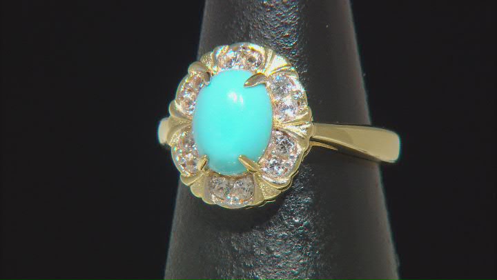 Blue Sleeping Beauty Turquoise With White Zircon 18k Yellow Gold Over Sterling Silver Ring Video Thumbnail