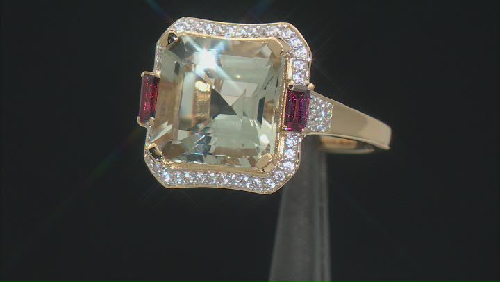 Prasiolite, Rhodolite And White Zircon 18k Yellow Gold Over Sterling Silver Ring 5.90ctw Video Thumbnail