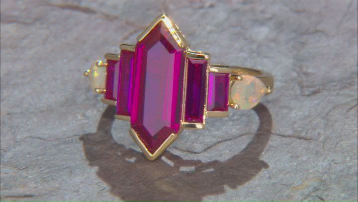 Lab Created Ruby With Ethiopian Opal 18k Yellow Gold Over Sterling Silver Ring 4.67ctw Video Thumbnail