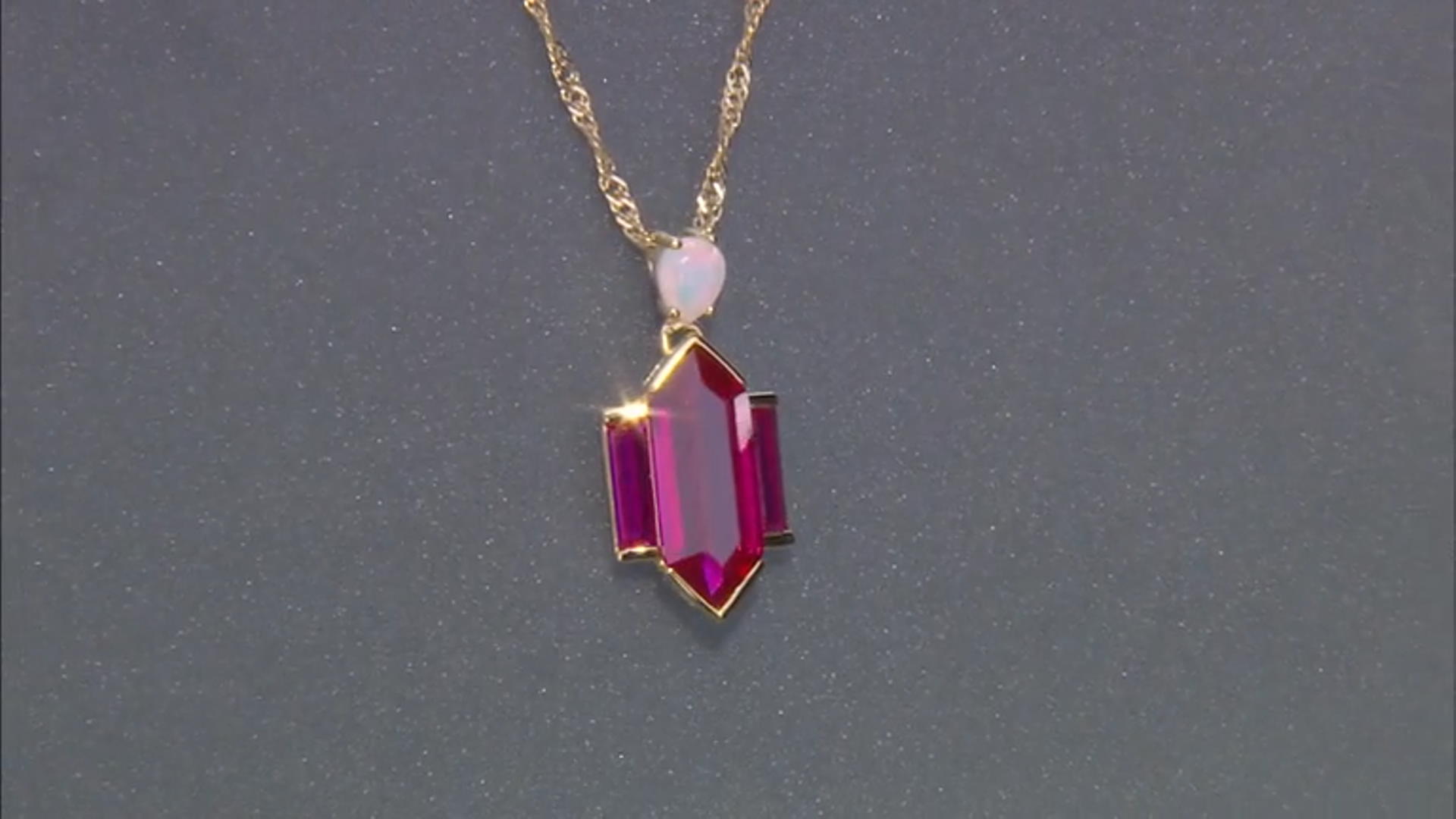 Lab Created Ruby With Ethiopian Opal 18k Yellow Gold Over Sterling Silver Pendant With Chain 3.91ctw Video Thumbnail