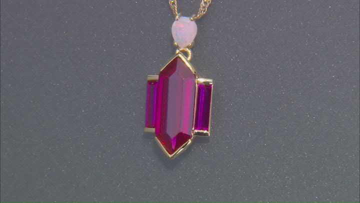 Lab Created Ruby With Ethiopian Opal 18k Yellow Gold Over Sterling Silver Pendant With Chain 3.91ctw Video Thumbnail