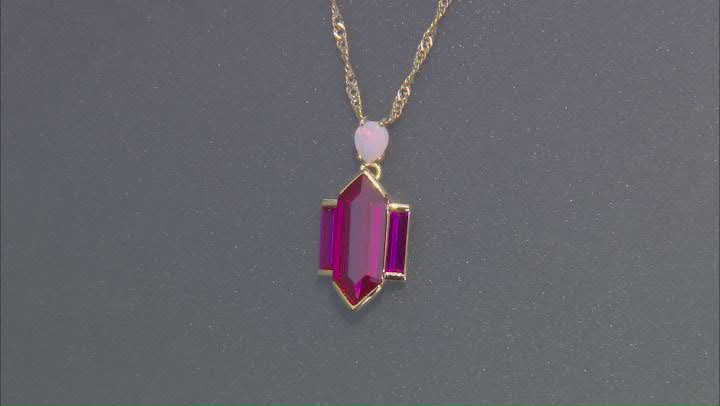 Lab Created Ruby With Ethiopian Opal 18k Yellow Gold Over Sterling Silver Pendant With Chain 3.91ctw Video Thumbnail