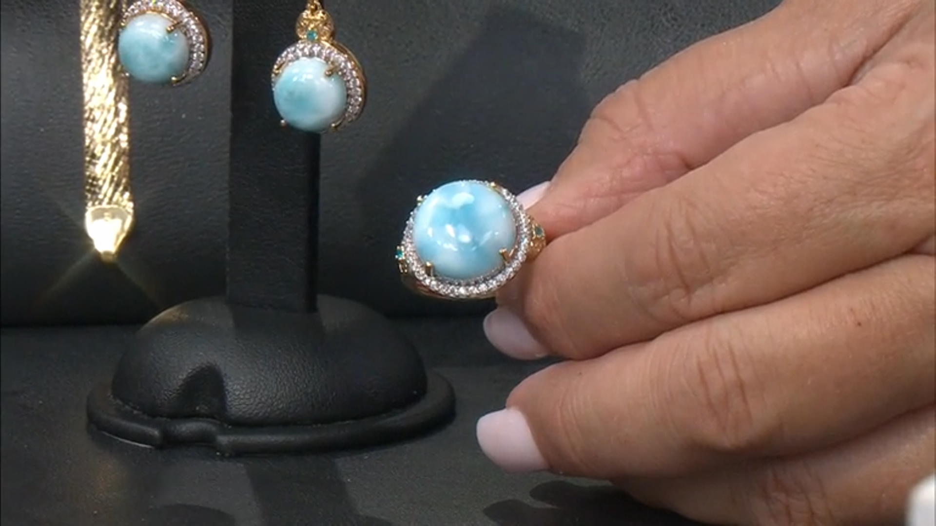 Larimar With Neon Apatite With White Zircon 18k Yellow Gold Over Sterling Silver Ring 0.43ctw Video Thumbnail