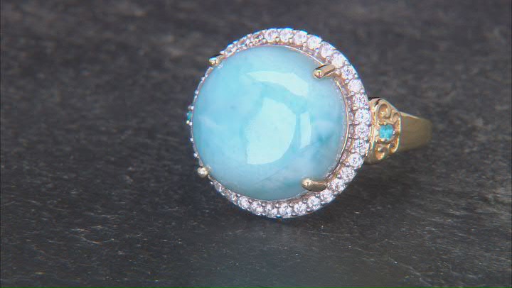 Larimar With Neon Apatite With White Zircon 18k Yellow Gold Over Sterling Silver Ring 0.43ctw Video Thumbnail