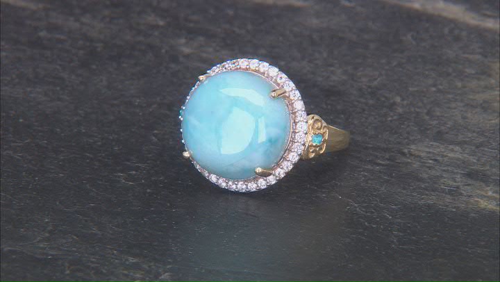 Larimar With Neon Apatite With White Zircon 18k Yellow Gold Over Sterling Silver Ring 0.43ctw Video Thumbnail