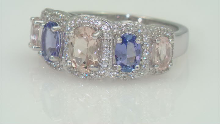 Morganite With Tanzanite With White Zircon  Rhodium Over Sterling Silver Ring 2.20ctw Video Thumbnail