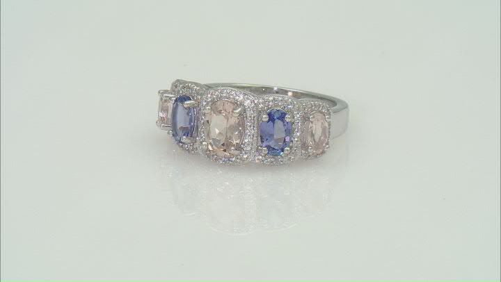 Morganite With Tanzanite With White Zircon  Rhodium Over Sterling Silver Ring 2.20ctw Video Thumbnail