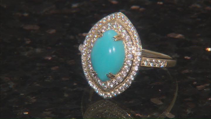 Blue Sleeping Beauty Turquoise With White Zircon 14k Yellow Gold Ring 0.67ctw Video Thumbnail