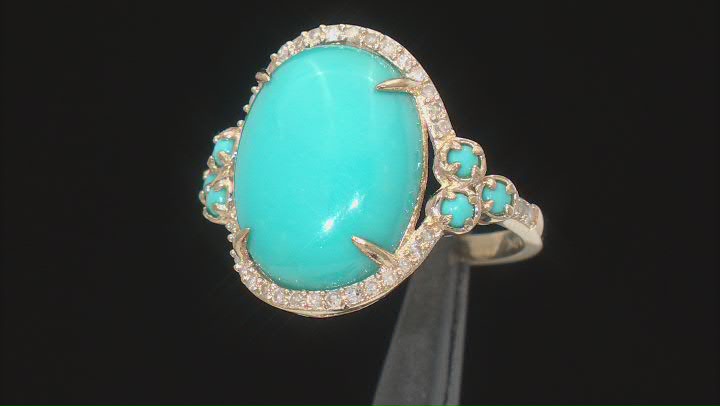 Blue Sleeping Beauty Turquoise With White Diamond 10k Yellow Gold Ring 0.15ctw Video Thumbnail